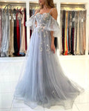 Party Dresses Elegant Pretty Long Prom Spaghetti Strap Puff Cap Sleeves Appliques Tulle A-Line