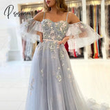 Party Dresses Elegant Pretty Long Prom Spaghetti Strap Puff Cap Sleeves Appliques Tulle A-Line