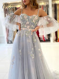 Party Dresses Elegant Pretty Long Prom Spaghetti Strap Puff Cap Sleeves Appliques Tulle A-Line