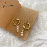 Pearl Earrings For Ladies Fashion Freshwater Charm Chunky 14K Gold Plated Hoop Women