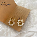 Pearl Earrings For Ladies Fashion Freshwater Charm Chunky 14K Gold Plated Hoop Women Style3