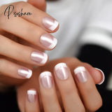 Pearl Shine Pink French Nail White Round Fake Nails Short Glossy Satin Artificial Lady Fingernails