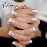 Pearl Shine Pink French Nail White Round Fake Nails Short Glossy Satin Artificial Lady Fingernails