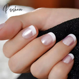 Pearl Shine Pink French Nail White Round Fake Nails Short Glossy Satin Artificial Lady Fingernails with Adhesive