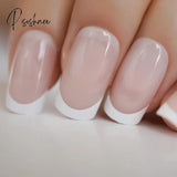 Pearl Shine Pink French Nail White Round Fake Nails Short Glossy Satin Artificial Lady Fingernails