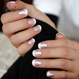 Pearl Shine Pink French Nail White Round Fake Nails Short Glossy Satin Artificial Lady Fingernails