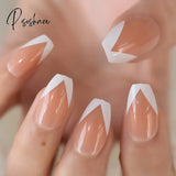 Pearl Shine Pink French Nail White Round Fake Nails Short Glossy Satin Artificial Lady Fingernails