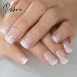 Pearl Shine Pink French Nail White Round Fake Nails Short Glossy Satin Artificial Lady Fingernails