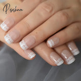 Pearl Shine Pink French Nail White Round Fake Nails Short Glossy Satin Artificial Lady Fingernails