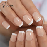 Pearl Shine Pink French Nail White Round Fake Nails Short Glossy Satin Artificial Lady Fingernails