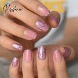 Pearl Shine Pink French Nail White Round Fake Nails Short Glossy Satin Artificial Lady Fingernails