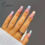 Pink False Nails With Small Flower Design Detachable Long Coffin French Ballerina Fake Full Cover