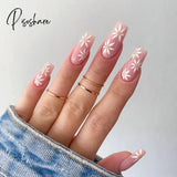 Pink False Nails With Small Flower Design Detachable Long Coffin French Ballerina Fake Full Cover