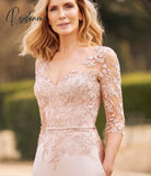 Pink Mother Of The Bride Dresses Illusion V- Neck Embroidery Button Applique A Line 3/4 Sleeves