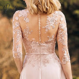 Pink Mother Of The Bride Dresses Illusion V- Neck Embroidery Button Applique A Line 3/4 Sleeves