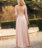 Pink Mother Of The Bride Dresses Illusion V- Neck Embroidery Button Applique A Line 3/4 Sleeves