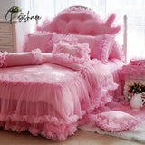 Pink Princess Lace Ruffles Bedspread Bedding Set Luxury Jacquard Satin Duvet/Quilt Cover Bed Skirt