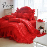 Pink Princess Lace Ruffles Bedspread Bedding Set Luxury Jacquard Satin Duvet/Quilt Cover Bed Skirt