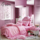 Pink Princess Lace Ruffles Bedspread Bedding Set Luxury Jacquard Satin Duvet/Quilt Cover Bed Skirt