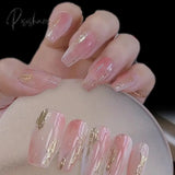 Pink Simple Gradient Detachable Coffin False Nails Wearable Gold Foil Sequins Fake Full Cover Nail