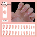 Pink Simple Gradient Detachable Coffin False Nails Wearable Gold Foil Sequins Fake Full Cover Nail