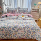 Pisoshare 100% Cotton Bedding Set With Flowers Skin Friendly Breathable Duvetcover&2Pcs Pillowcase