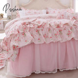 Pisoshare 100% Cotton Floral Printed Princess Bedding Set Twin King Queen Size Pink Girls Lace