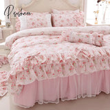 Pisoshare 100% Cotton Floral Printed Princess Bedding Set Twin King Queen Size Pink Girls Lace