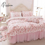 Pisoshare 100% Cotton Floral Printed Princess Bedding Set Twin King Queen Size Pink Girls Lace