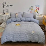 Pisoshare 100% Cotton Japanese Simple Style Duvet Cover Bedding Set With Plaid Stripe Skin Friendly