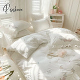 Pisoshare 100% Cotton Korean Princess White Bedding Sets Ruffle Bedspread Flower Embroided Duvet