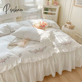 Pisoshare 100% Cotton Korean Princess White Bedding Sets Ruffle Bedspread Flower Embroided Duvet