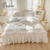 Pisoshare 100% Cotton Korean Princess White Bedding Sets Ruffle Bedspread Flower Embroided Duvet