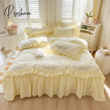 Pisoshare 100% Cotton Korean Princess White Bedding Sets Ruffle Bedspread Flower Embroided Duvet