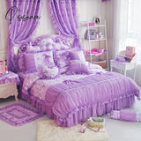 Pisoshare 100% Cotton Purple Floral Print Lace Princess Bedding Set Queen King Size Korean Duvet