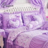 Pisoshare 100% Cotton Purple Floral Print Lace Princess Bedding Set Queen King Size Korean Duvet