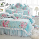 Pisoshare 100% Cotton Purple Floral Print Lace Princess Bedding Set Queen King Size Korean Duvet