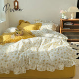 Pisoshare 100% Cotton Ruffles Duvet Cover French Ldyllic Garden Style Bedding Set Single Double