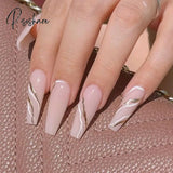 Pisoshare 24Pcs Marble Gradient Long Coffin False Nails Detachable Wearable Gold Foil Ballerina