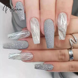 Pisoshare 24Pcs Marble Gradient Long Coffin False Nails Detachable Wearable Gold Foil Ballerina