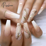 Pisoshare 24Pcs Marble Gradient Long Coffin False Nails Detachable Wearable Gold Foil Ballerina