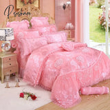 Pisoshare 4/6/8Pcs Red Pink Lace Princess Bedding Set Luxury Girls Wedding Bed Quilt Cover Sheets