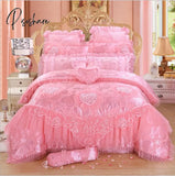 Pisoshare 4/6/8Pcs Red Pink Lace Princess Bedding Set Luxury Girls Wedding Bed Quilt Cover Sheets