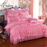 Pisoshare 4/6/8Pcs Red Pink Lace Princess Bedding Set Luxury Girls Wedding Bed Quilt Cover Sheets