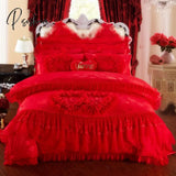 Pisoshare 4/6/8Pcs Red Pink Lace Princess Bedding Set Luxury Girls Wedding Bed Quilt Cover Sheets