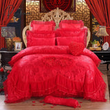 Pisoshare 4/6/8Pcs Red Pink Lace Princess Bedding Set Luxury Girls Wedding Bed Quilt Cover Sheets