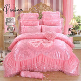 Pisoshare 4/6/8Pcs Red Pink Lace Princess Bedding Set Luxury Girls Wedding Bed Quilt Cover Sheets