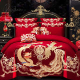 Pisoshare 4/6Pcs Luxury Loong Phoenix Embroidery Red Duvet Cover Bed Sheet Cotton Chinese Style