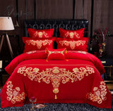 Pisoshare 4/6Pcs Luxury Loong Phoenix Embroidery Red Duvet Cover Bed Sheet Cotton Chinese Style