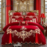 Pisoshare 4/6Pcs Luxury Loong Phoenix Embroidery Red Duvet Cover Bed Sheet Cotton Chinese Style